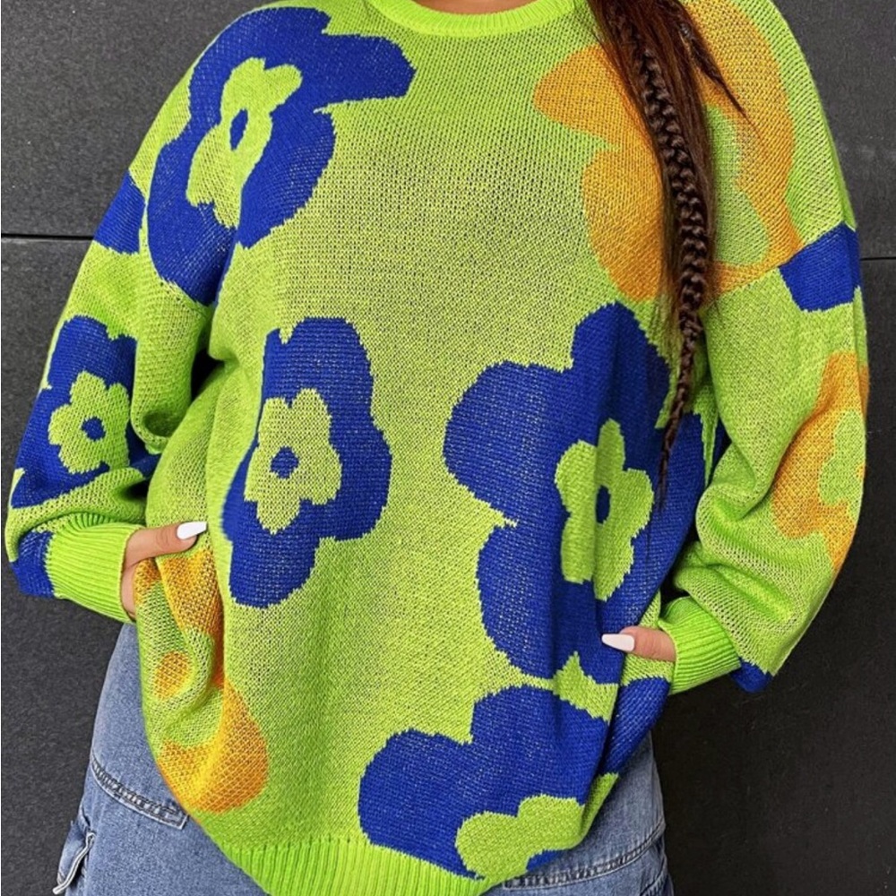 SHEIN Green and Blue Floral Sweater